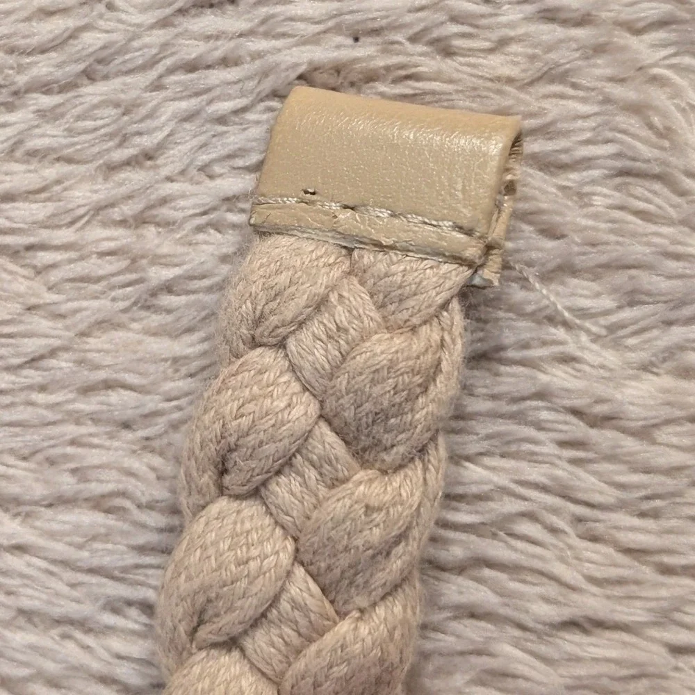 Braided Woven Belt Antique Brass Buckle Size 12 Beige Tan Bohemian Cottagecore